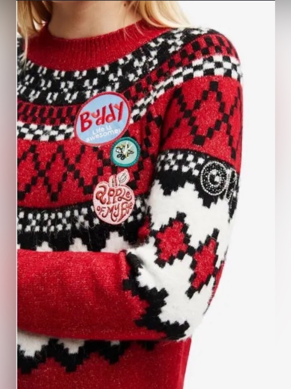 NWT - Desigual “Buddy” Pullover in Red & Black Fair Isle